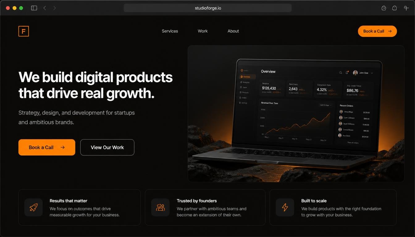 Website mockup: headline, call to action, hero visual and proof points